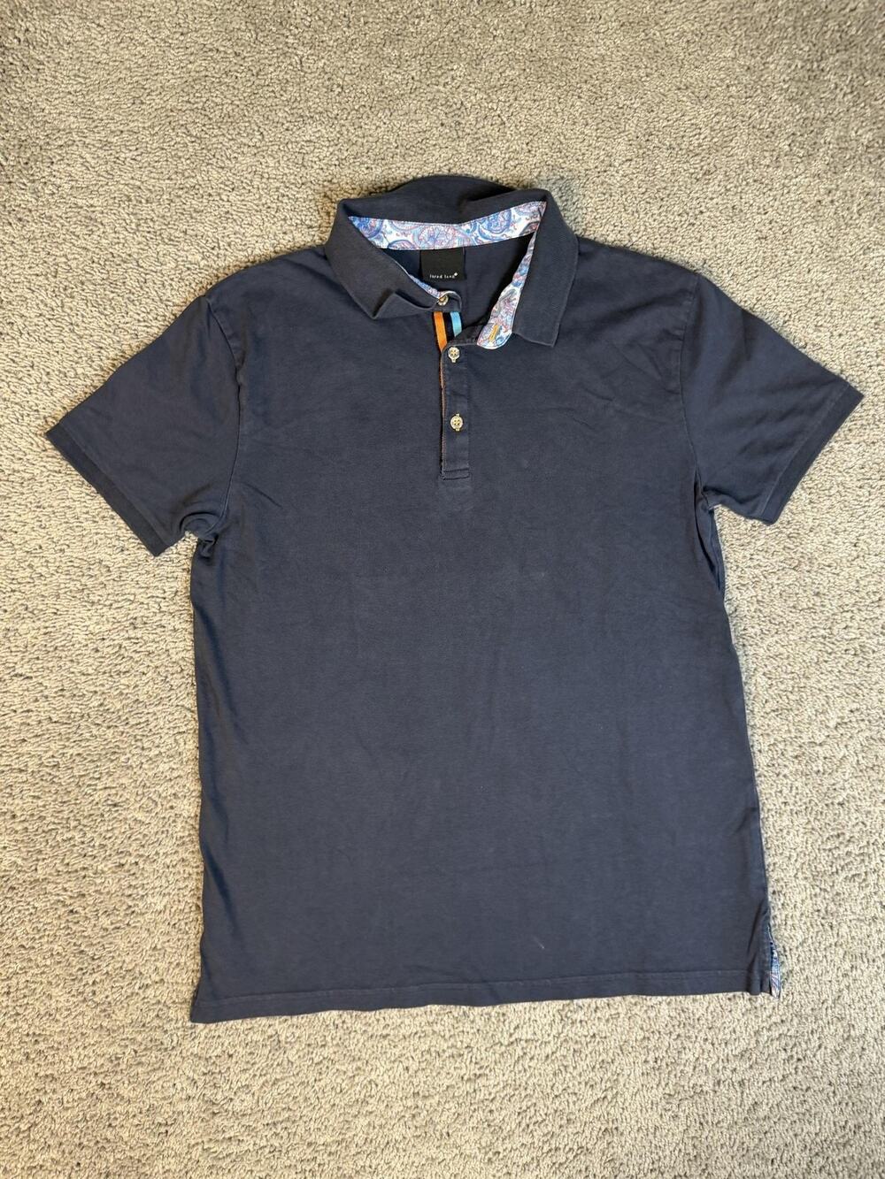 Jared Lang Polo Shirt Mens L Blue Short Sleeve Cotton Blend Paisley Trim